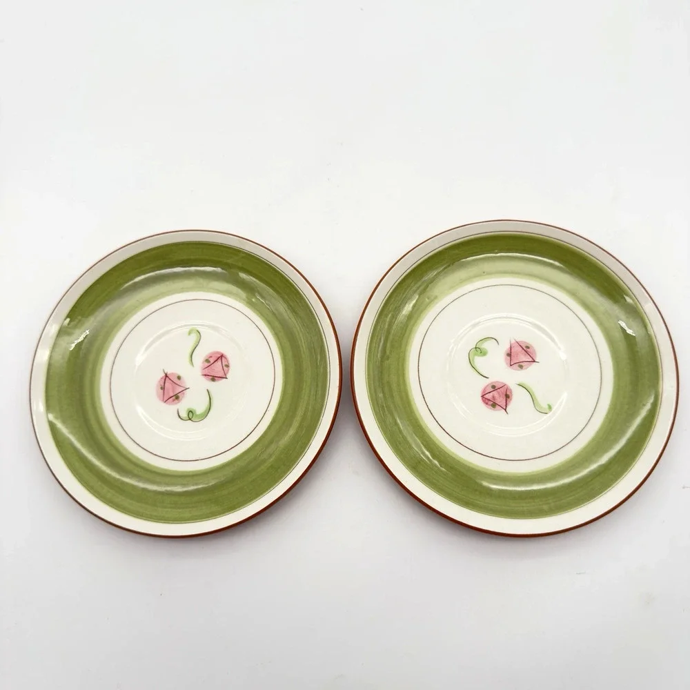 Stangl Pottery Carnival Cup Saucer Set of 2 Coffee Tea MCM Pink Green Black